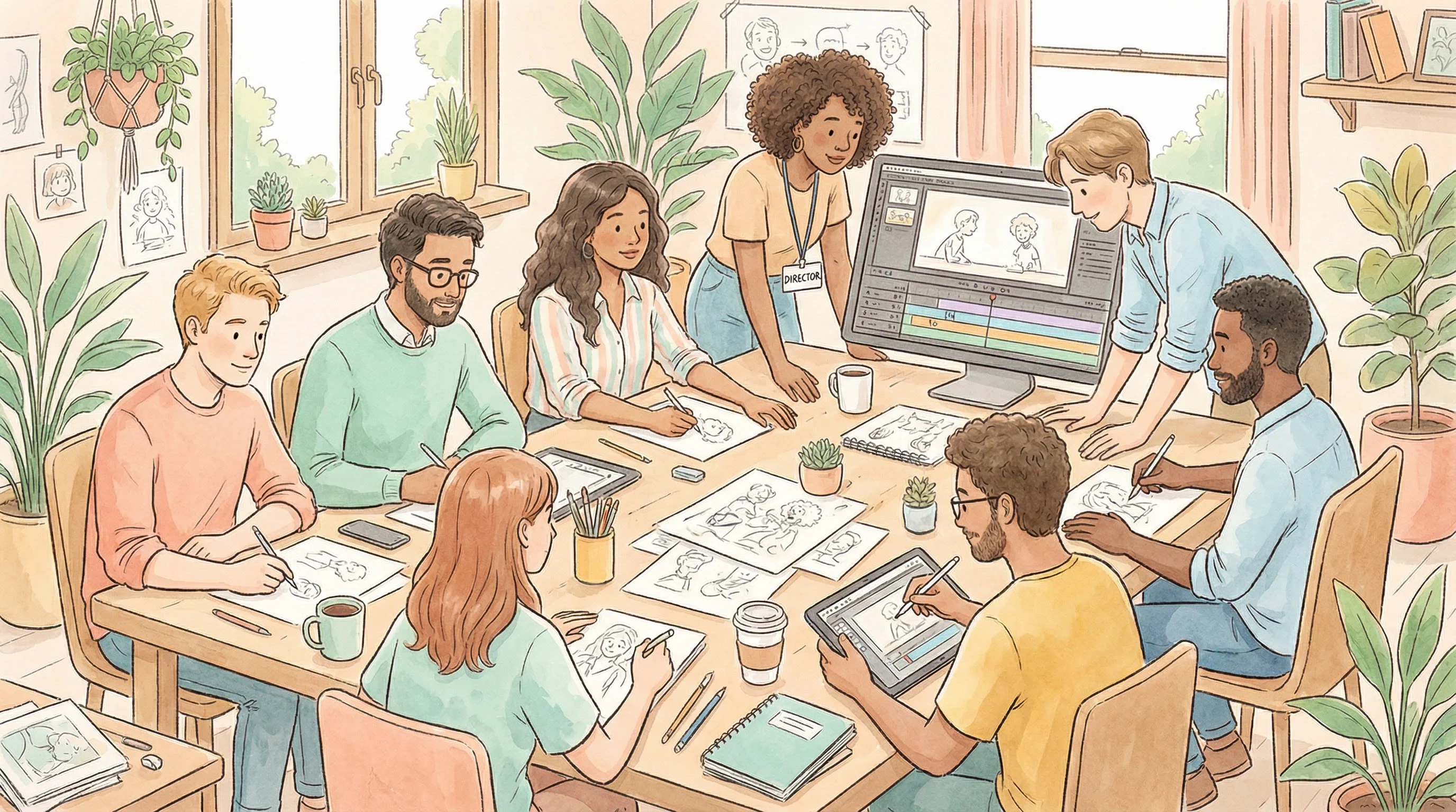 九视频创作团队工作场景插画 - 多元化动画创作团队协作